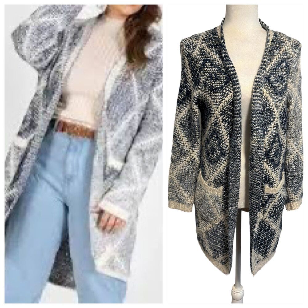 Moth by Anthropologie | Knit Argyle Open Cardigan Oversized Sweater Size Small